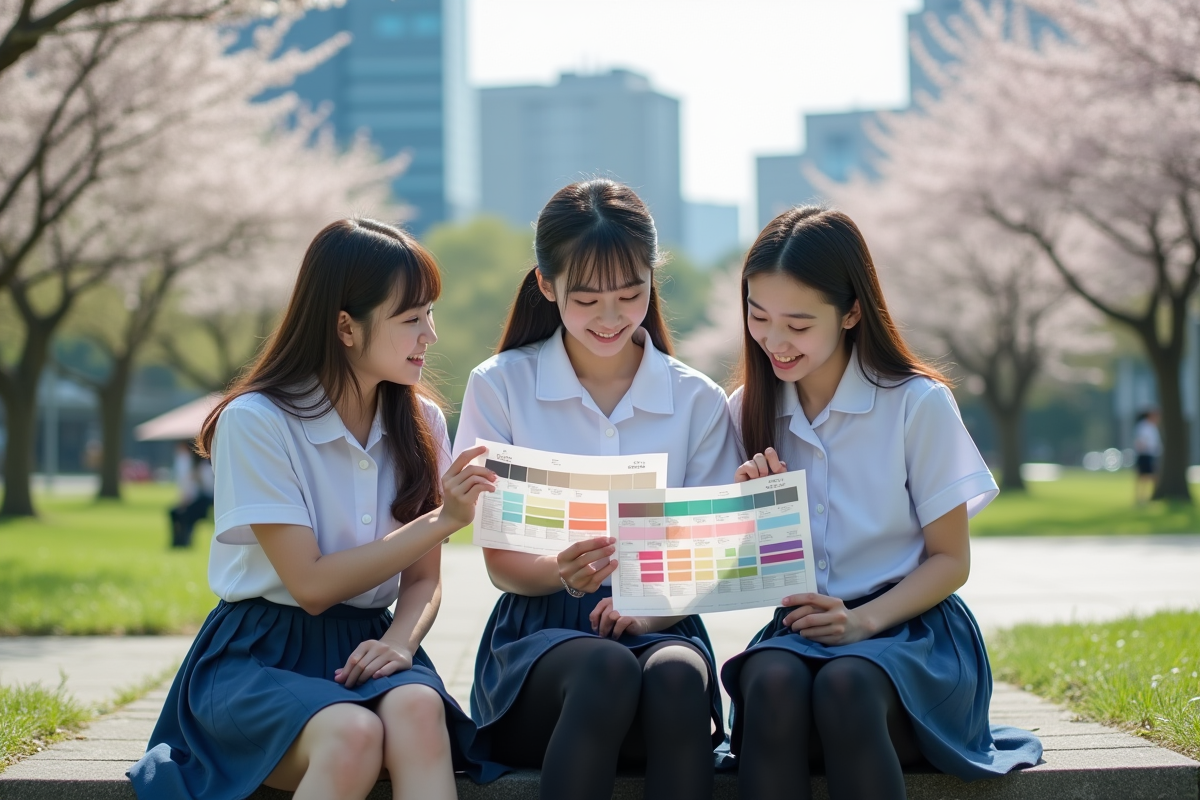 Jeunes lycéens japonais discutant de couleurs dans un parc
