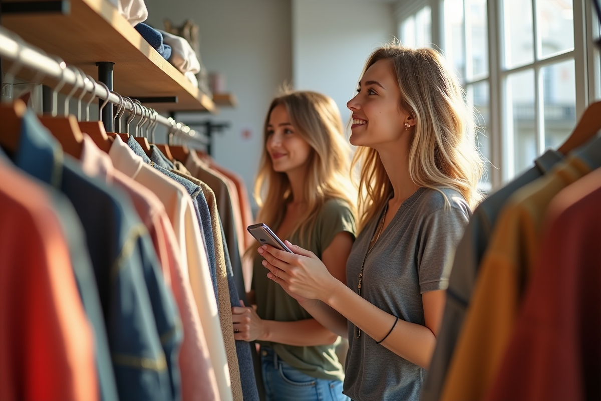 Jeunes adultes dans une boutique de mode française lumineuse