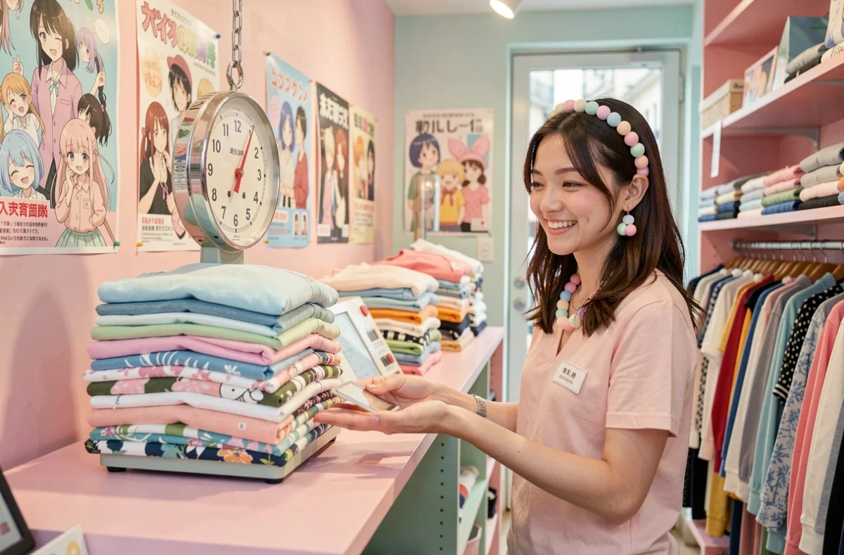Balance de pesée et vêtements colorés au comptoir du Kilo Shop Kawaii au centre-ville du Mans