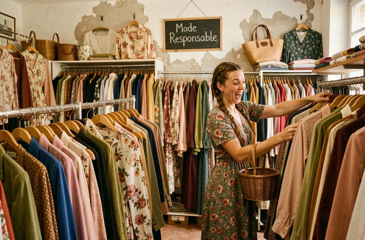 La Friperie d'Avignon avec portants denses de vêtements vintage colorés, panneau craie 'Mode Responsable' sur mur en plâtre et cliente enthousiaste en robe fleurie feuilletant les chemisiers de seconde main