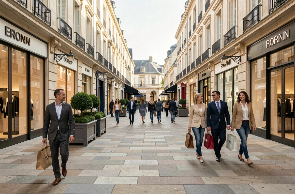 Allée commerçante du village outlet La Vallée Village à Serris avec boutiques de mode