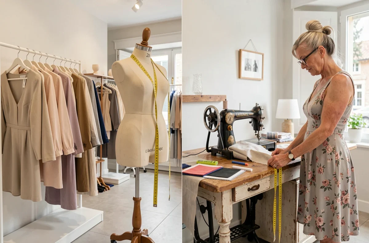 L'Aiguille Magique dans le Vaucluse combinant espace boutique de prêt-à-porter féminin et atelier de retouches avec couturière experte aux lunettes de lecture ajustant l'ourlet d'une robe sur une cliente