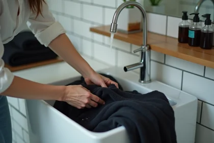 Femme lavant à la main un vêtement noir dans un évier en céramique blanche pour préserver l'intensité de la teinture
