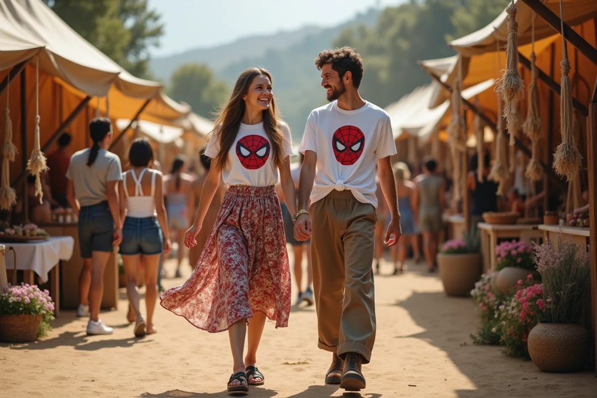 Deux amis en t-shirts Spiderman stylisés différemment se promenant dans un marché de festival, looks créatifs et tendance