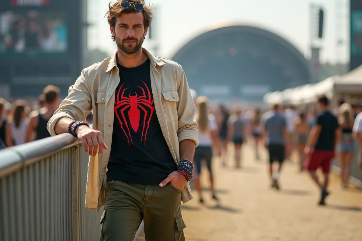 Homme en t-shirt Spiderman superposé sous une chemise en lin beige, look festival masculin élégant et décontracté
