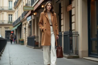 Femme élégante mélangeant manteau vintage des années 70 et pièces neuves minimalistes dans une rue parisienne en 2026