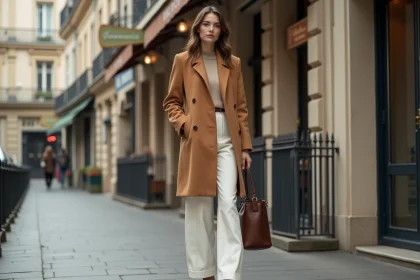 Femme élégante mélangeant manteau vintage des années 70 et pièces neuves minimalistes dans une rue parisienne en 2026