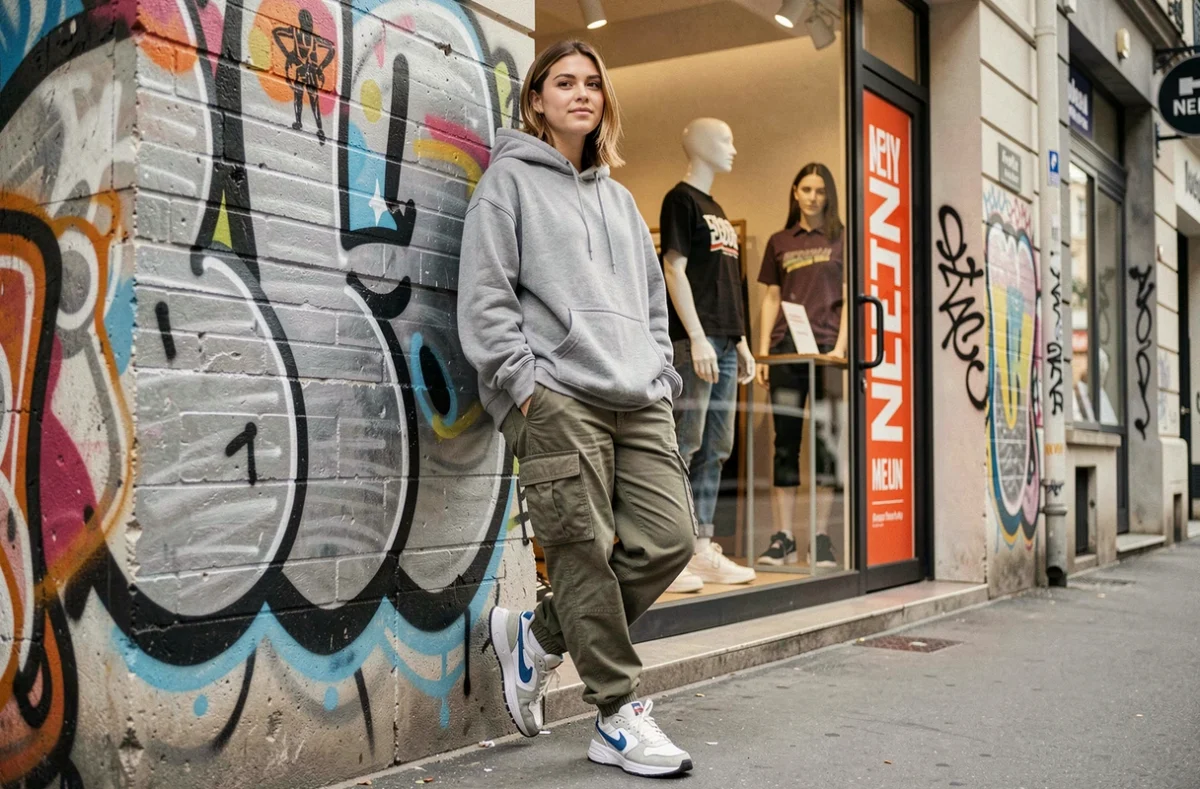 Jeune femme en tenue streetwear devant la boutique Luxe et Beauté mode féminine à Melun