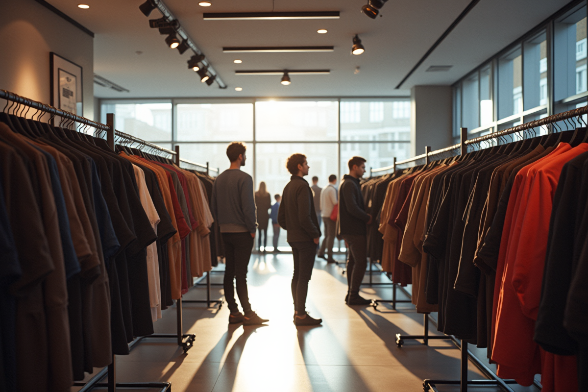 Magasin de vêtements moderne avec clients et rayons bien fournis