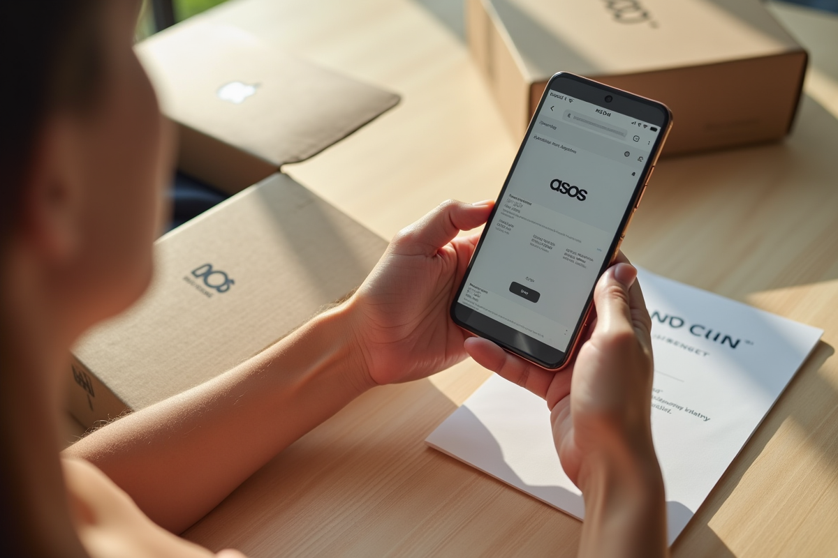 Mains tenant un smartphone affichant le site ASOS avec un colis ouvert