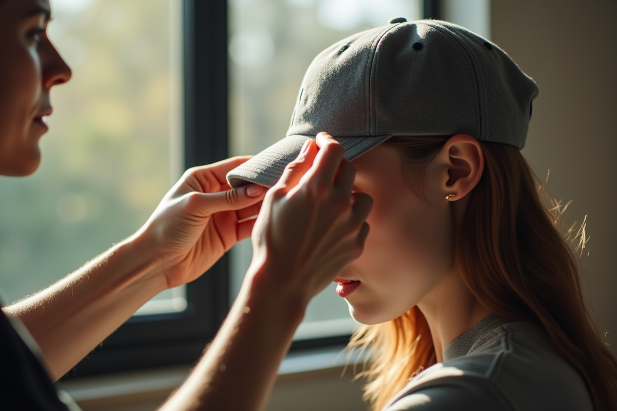 Main ajustant une casquette avec texture et lumière naturelle