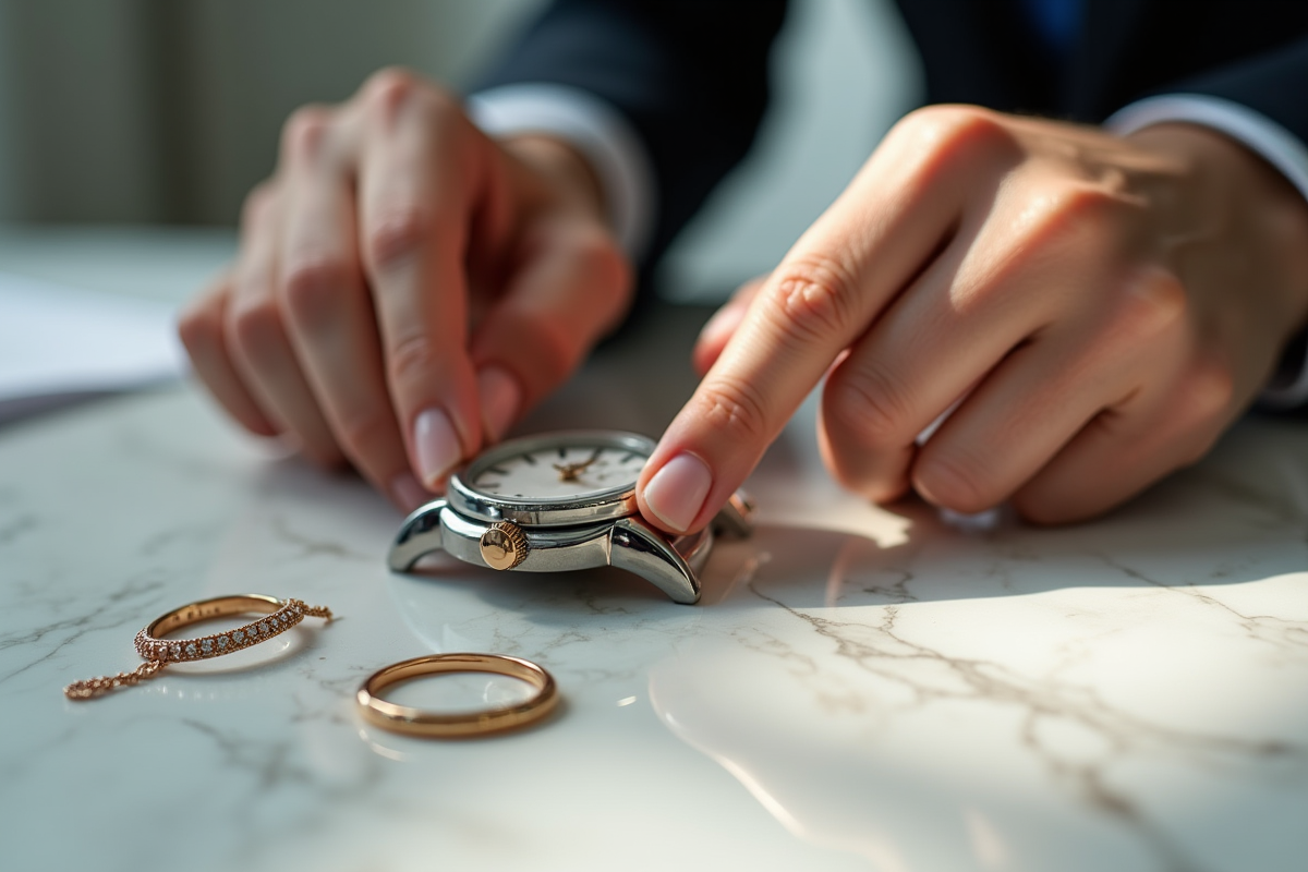 Mains bien soignées posant une montre design sur marbre