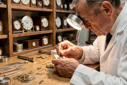 Maître horloger assemblant le mouvement tourbillon d'une montre de luxe dans un atelier traditionnel