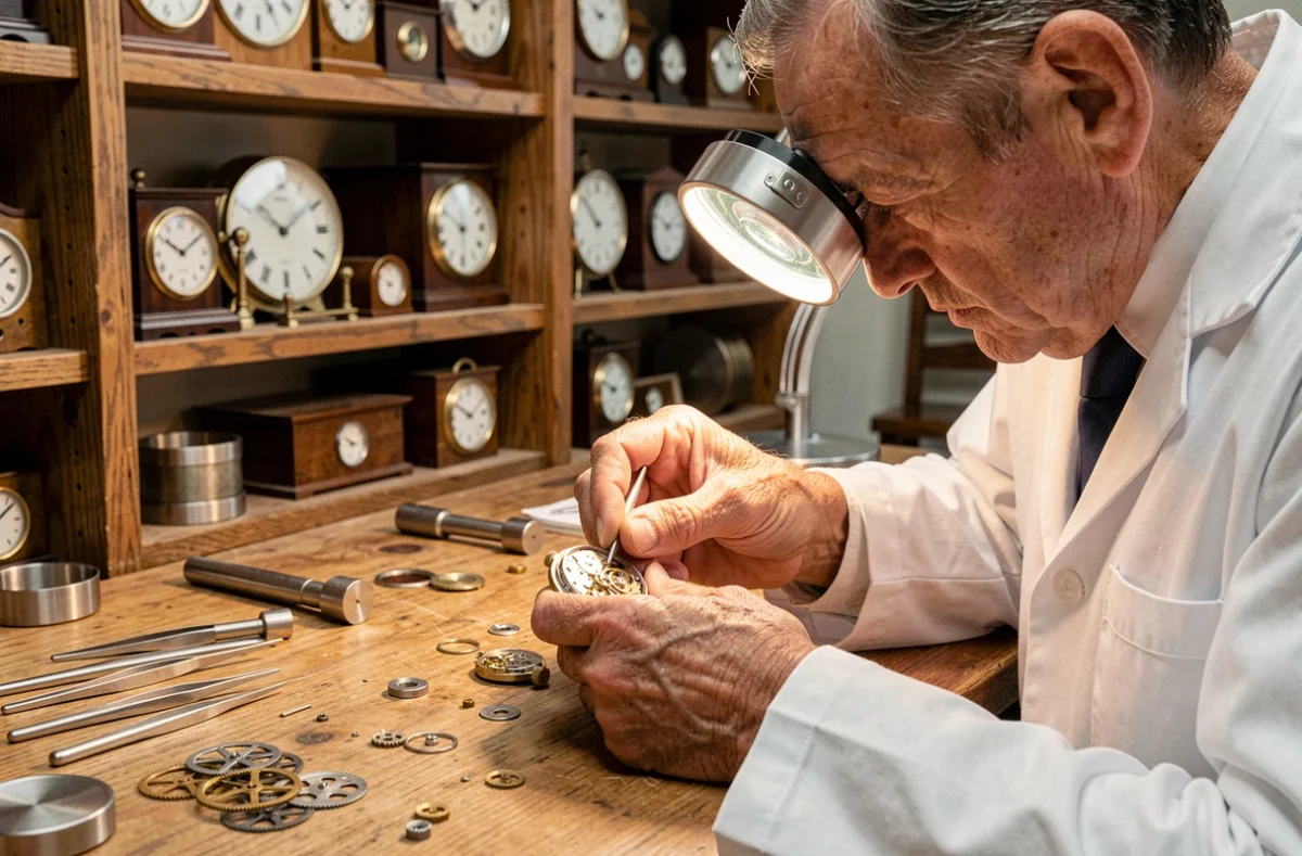 Maître horloger assemblant le mouvement tourbillon d'une montre de luxe dans un atelier traditionnel