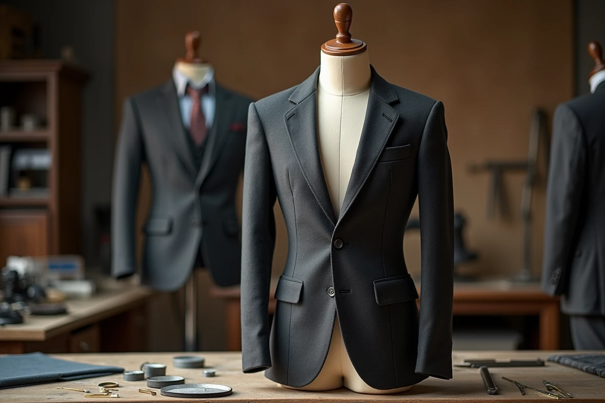 Mannequin de couture réglable avec veste en laine inachevée dans un atelier de tailleur professionnel