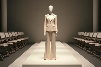 Mannequin professionnel sur podium de défilé de mode portant un blazer crème dans un showroom moderne
