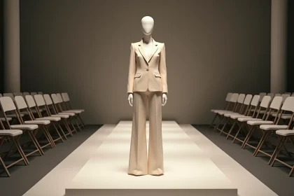 Mannequin professionnel sur podium de défilé de mode portant un blazer crème dans un showroom moderne