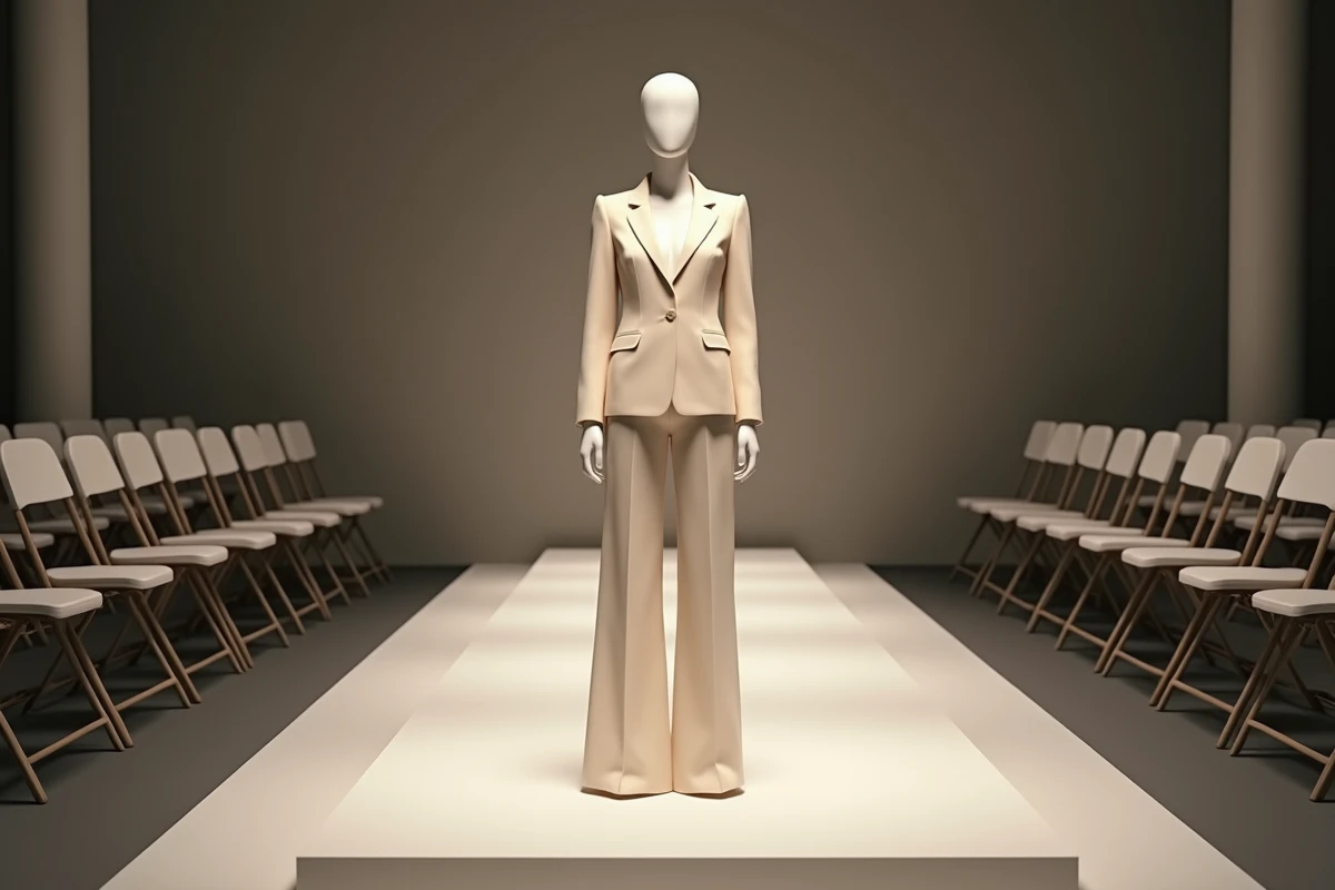 Mannequin professionnel sur podium de défilé de mode portant un blazer crème dans un showroom moderne