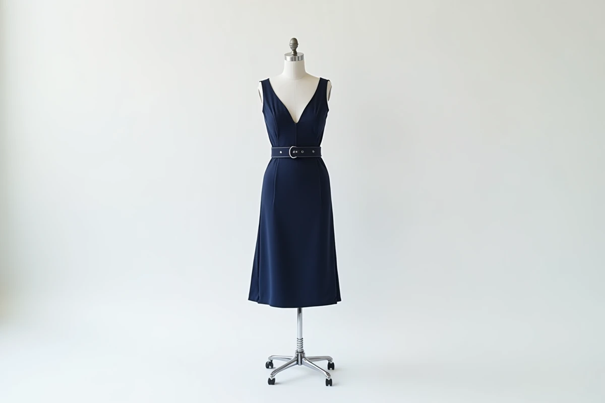 Buste mannequin habillé d'une robe marine sur fond blanc pour photographie e-commerce produit