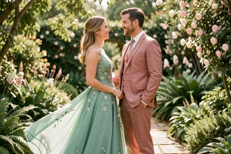 Couple de mariés dans un jardin botanique, la mariée en robe vert d'eau et le marié en costume rose poudré, tenues complémentaires pour un mariage élégant