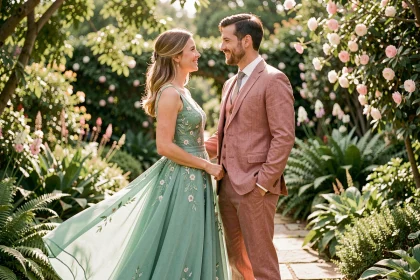 Couple de mariés dans un jardin botanique, la mariée en robe vert d'eau et le marié en costume rose poudré, tenues complémentaires pour un mariage élégant