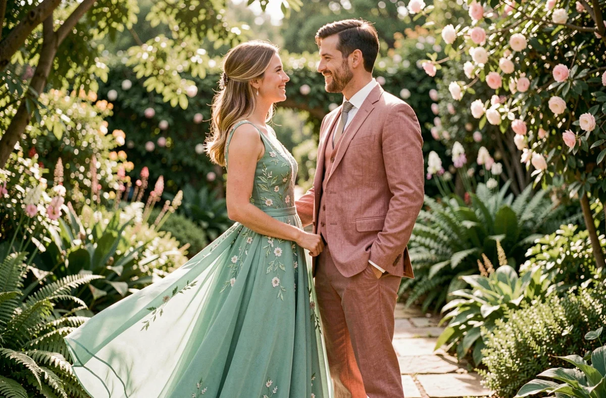 Couple de mariés dans un jardin botanique, la mariée en robe vert d'eau et le marié en costume rose poudré, tenues complémentaires pour un mariage élégant