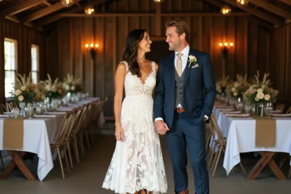 Mariés en tenue country chic avec bottes cowboy western dans une grange rustique décorée pour un mariage champêtre