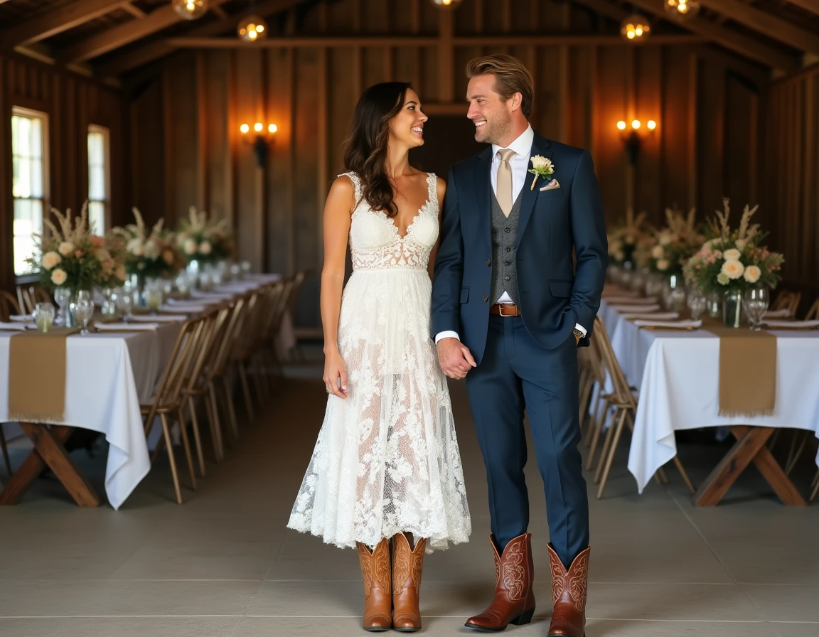 Mariés en tenue country chic avec bottes cowboy western dans une grange rustique décorée pour un mariage champêtre