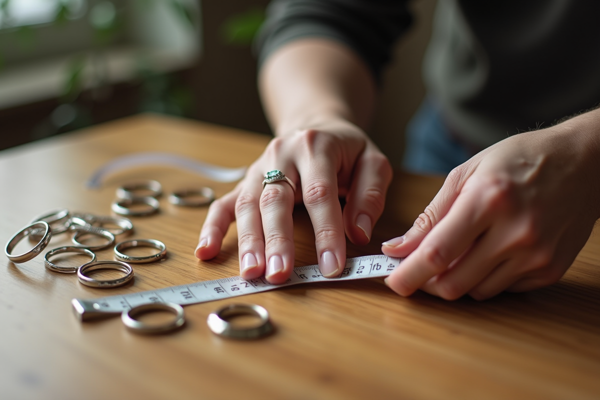 Mains mesurant un doigt avec un ruban sur une table en bois