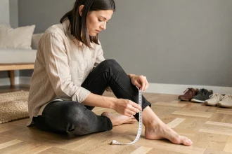 Femme mesurant son pied avec un mètre ruban sur parquet clair pour trouver sa pointure exacte
