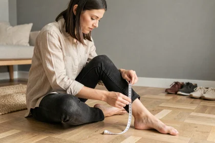 Femme mesurant son pied avec un mètre ruban sur parquet clair pour trouver sa pointure exacte