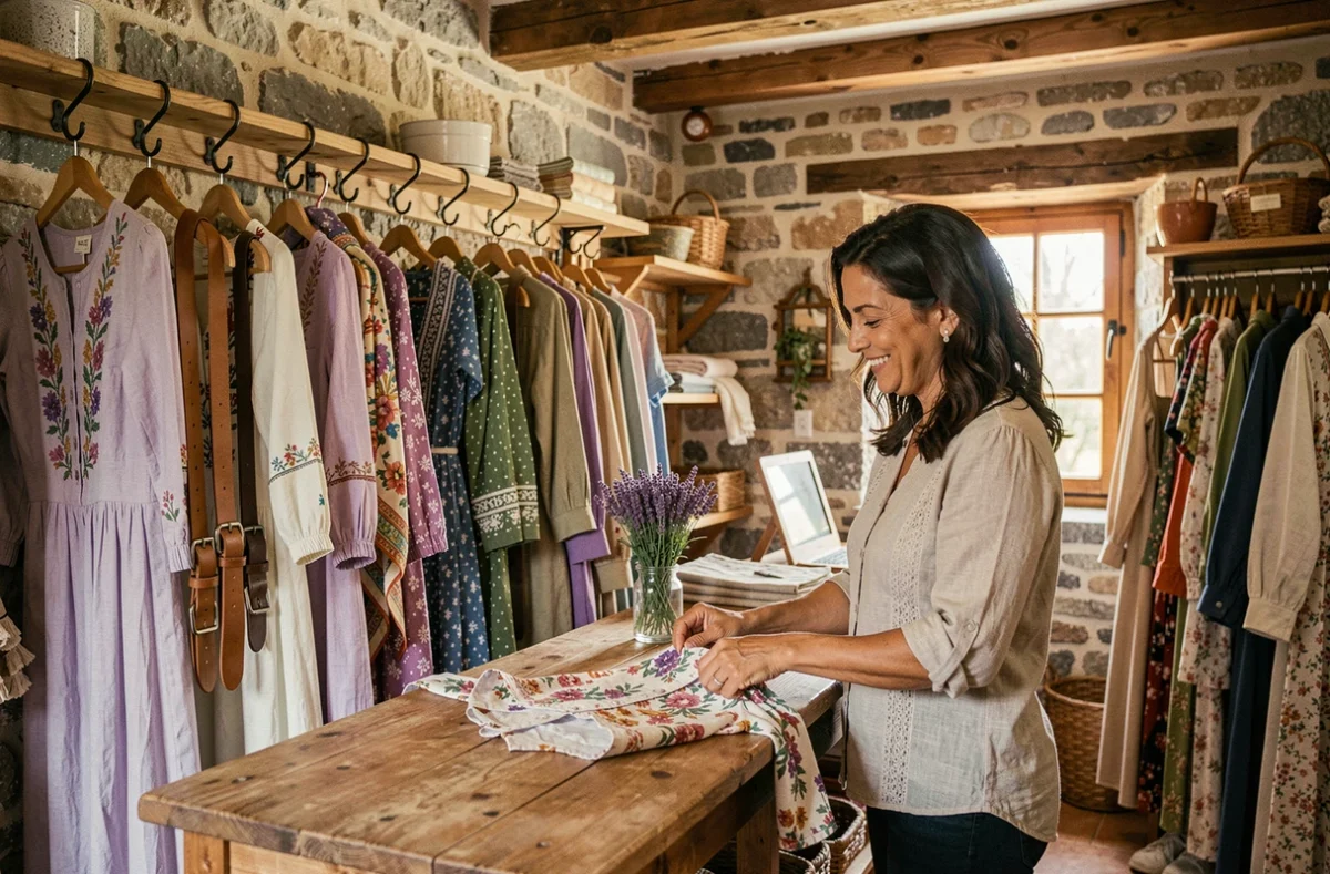 Boutique Mimisiku à Sault en Provence avec murs en pierre brute, poutres en bois et propriétaire souriante aux cheveux sombres pliant un chemisier floral sur un comptoir rustique face à une cliente