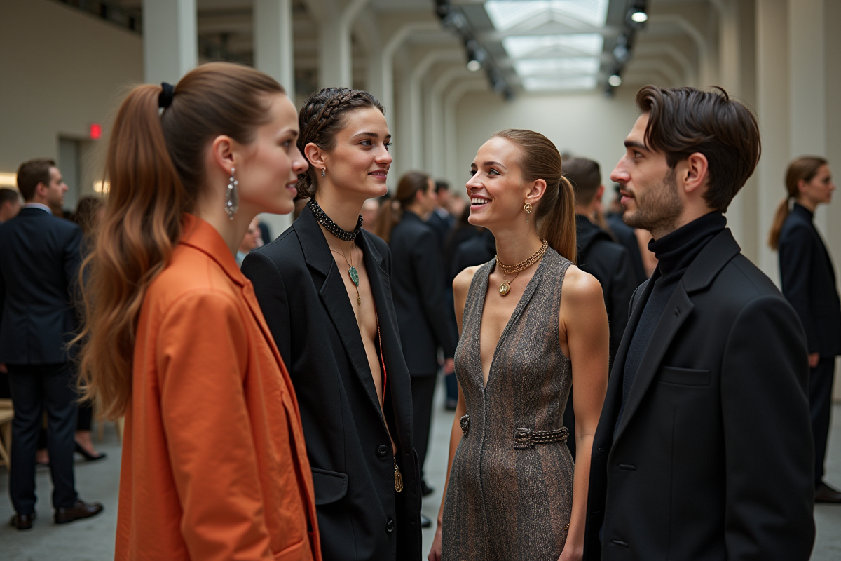Models backstage en conversation lors de la fashion week