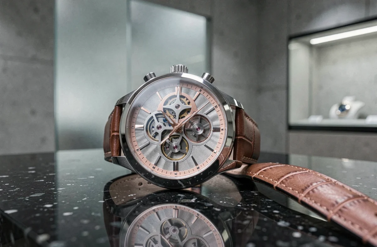 Montre de luxe squelettisée en or rose posée sur granite noir dans une vitrine de haute horlogerie