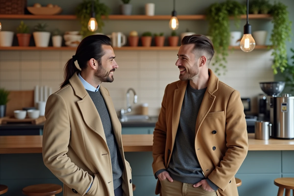 Deux collègues masculins dans la salle de pause du bureau, l'un arborant une coupe mulet moderne tendance 2026
