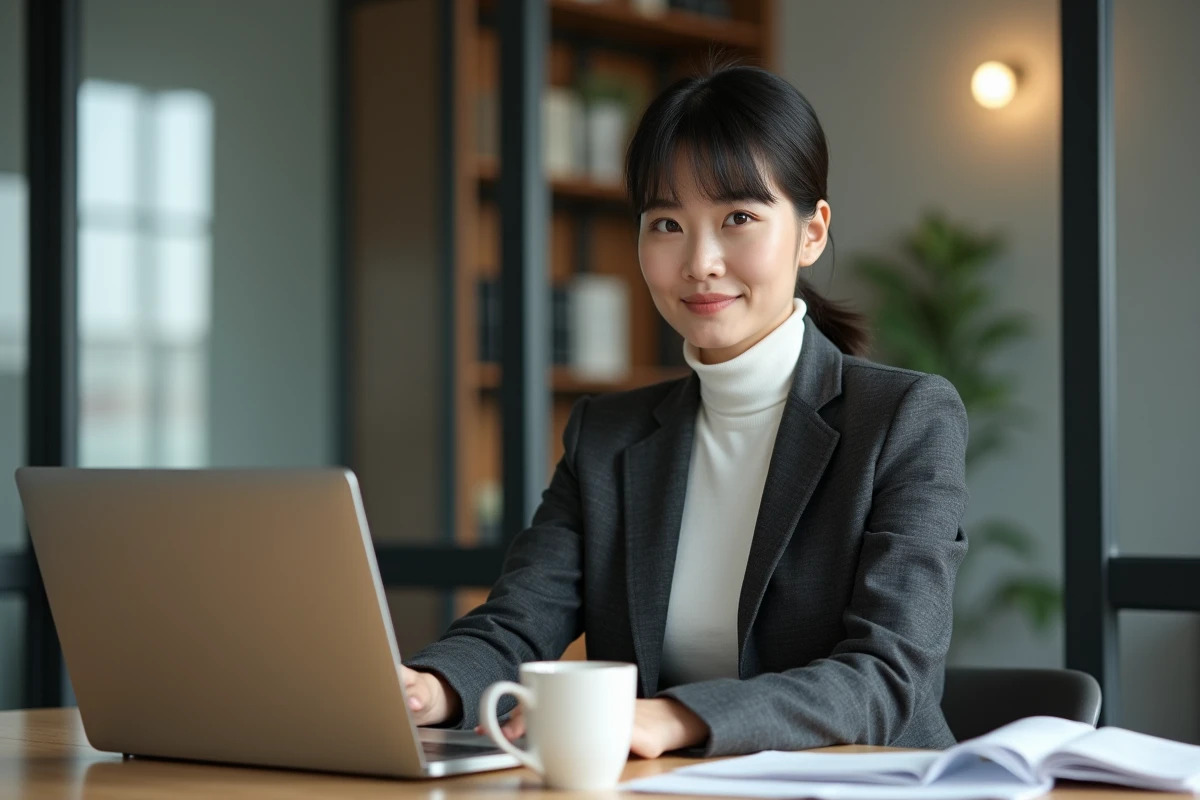 Femme cadre avec une coupe mulet tendance assise à son bureau dans un open space moderne