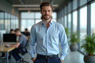 Homme en bureau avec une coupe mulet moderne et une tenue professionnelle élégante