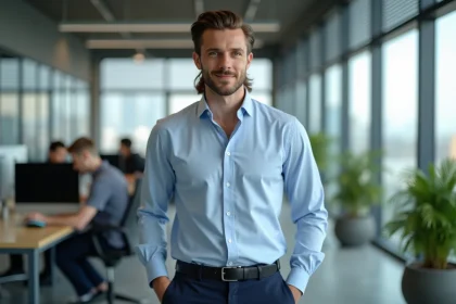 Homme en bureau avec une coupe mulet moderne et une tenue professionnelle élégante