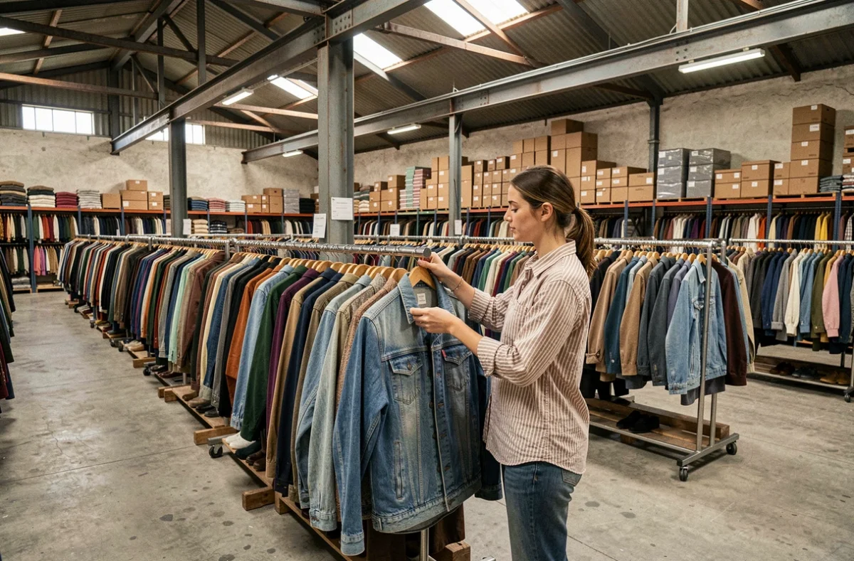 Vaste entrepôt de la friperie NHV Vintage à Saint-Saturnin avec des portants de vêtements organisés par couleur