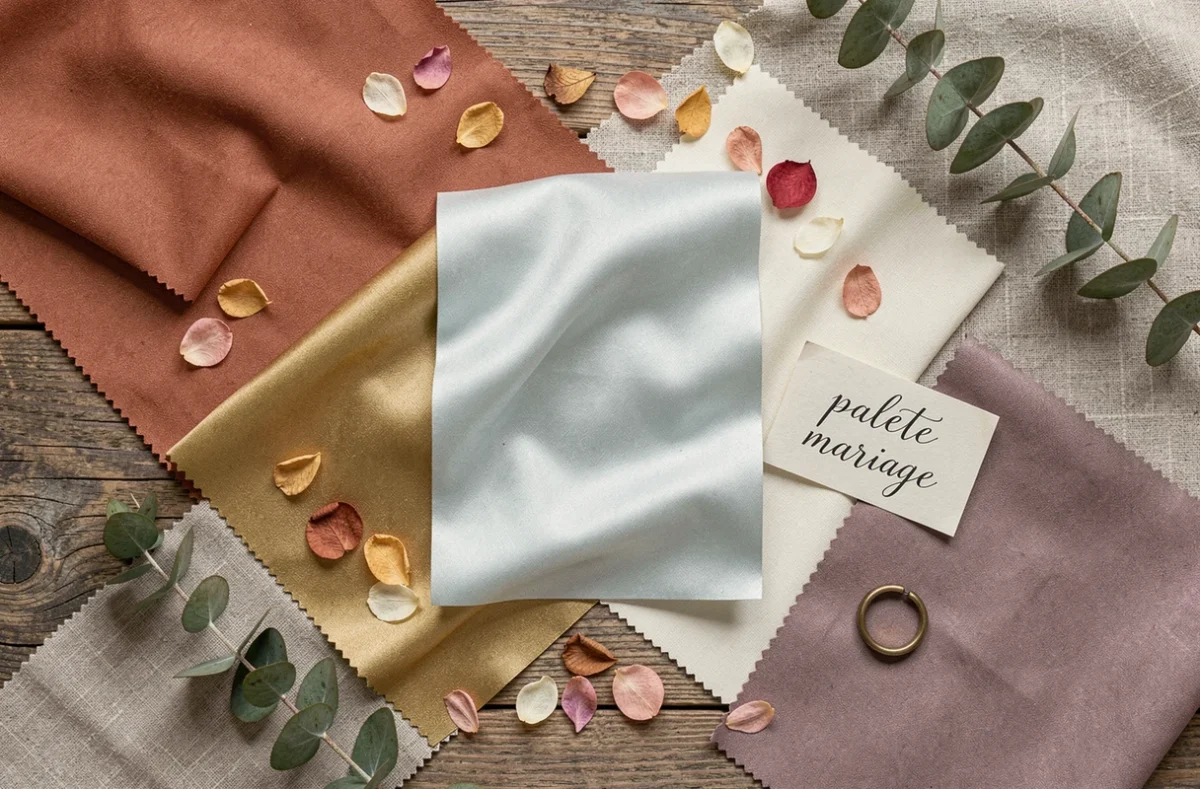 Flat-lay de nuanciers et échantillons de tissus pour un mariage vert d'eau avec couleurs complémentaires terracotta, doré et ivoire sur table en bois