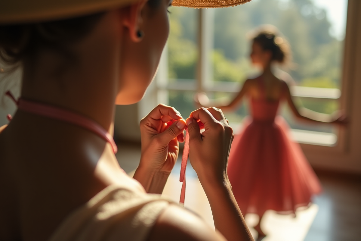 Gros plan sur des mains attachant un ruban sous le chapeau en mouvement