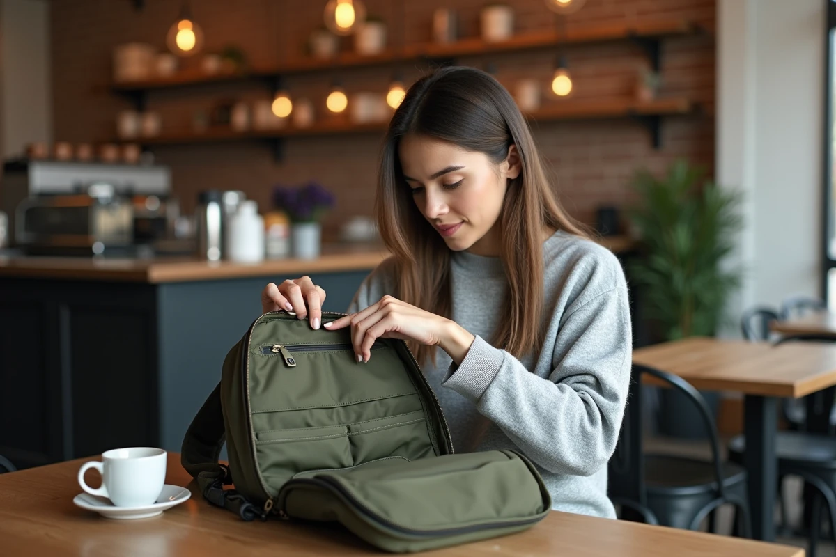 Femme organisant les compartiments d'un sac à dos pour ordinateur dans un café avec poches bien structurées