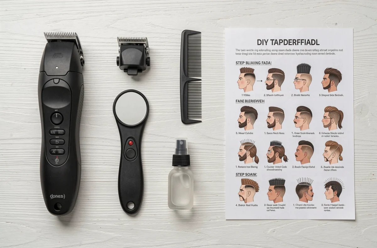Flat-lay des outils indispensables pour réaliser soi-même un taper fade coupe casquette à domicile