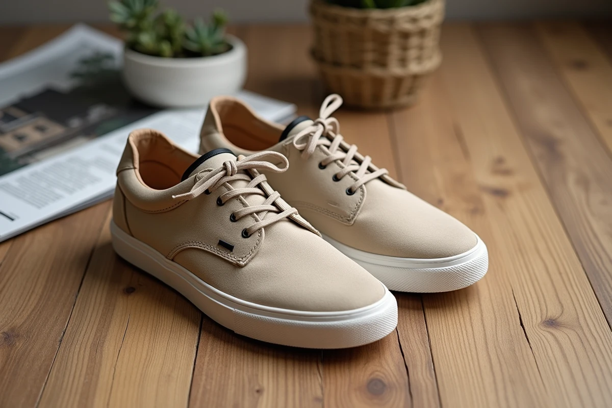Paire de baskets homme minimalistes en suède beige posée sur parquet en chêne brut