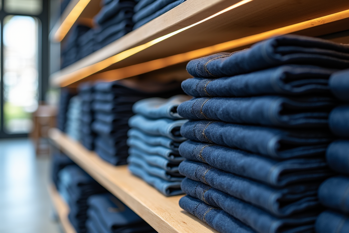Paniers de jeans en différentes nuances dans une boutique lumineuse