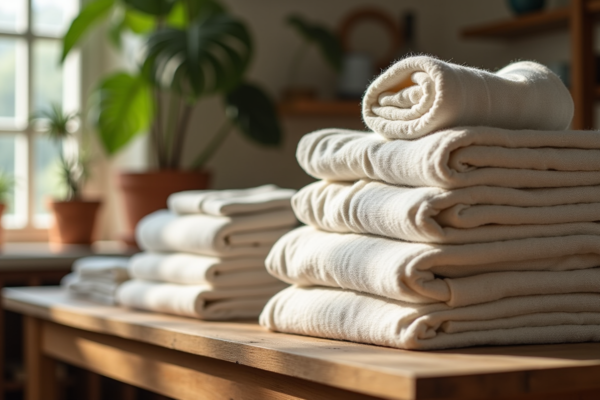 Vêtements durables en coton et lin pliés sur une table en boutique