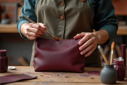 Artisane appliquant de la peinture cuir bordeaux sur un sac à main en atelier, tendances couleurs 2026