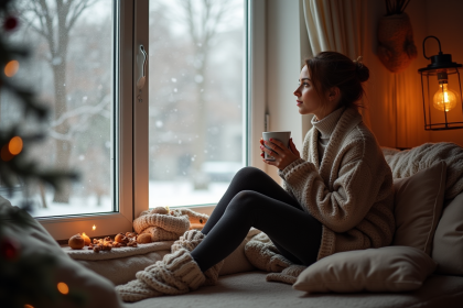 Personne assise près d'une fenêtre en intérieur chaleureux avec neige dehors
