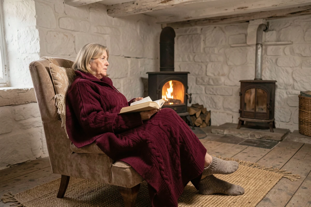 Femme d'une cinquantaine d'années en poncho polaire bordeaux lisant un livre dans un fauteuil près d'un poêle à bois, intérieur rustique en pierre blanchie
