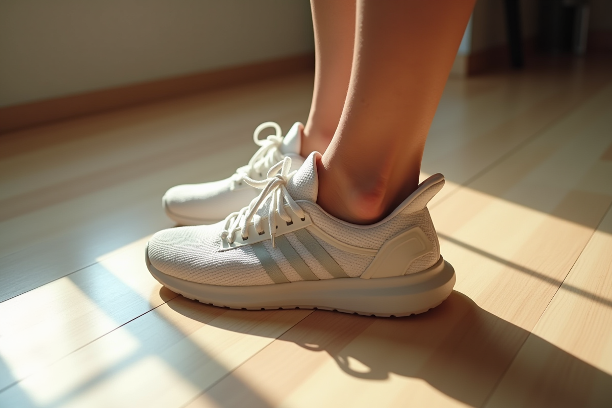 Pose du pied dans une sneaker moderne éclairée naturellement